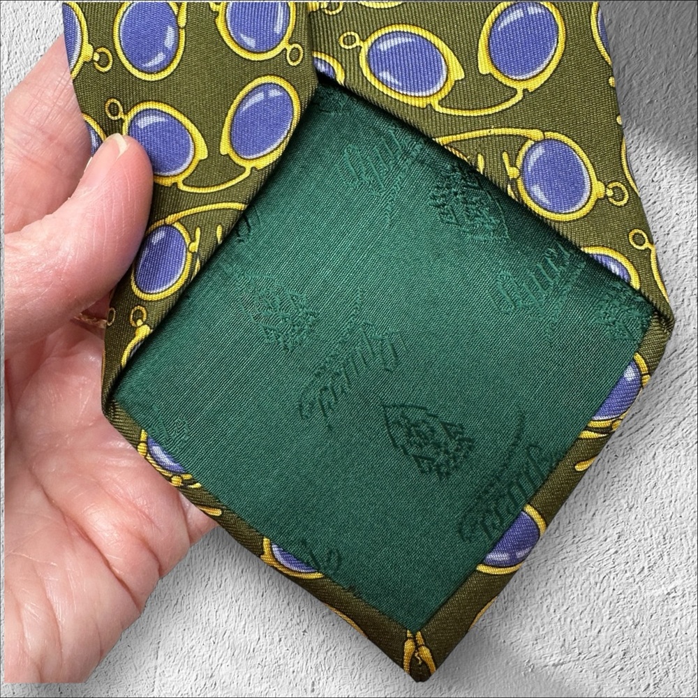 GUCCI Vintage Silk Avocado, Purple & Gold Neck Tie Glasses Spectacles Print - Picture 10 of 13